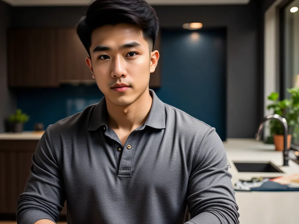 A modern kitchen with poor lighting and shadows cast on the countertop, making it difficult to prepare food. The environment seems dark and not very functional. In the background, some inadequately positioned light spots, without covering all work areas.