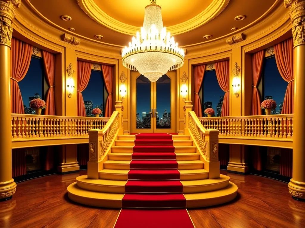 in the middle of the golden royal stateroom, there is a big chandelier of candle hanging above. there are 2 stair from left and right meeting each other in the middle of the room. there is a red carpet on the stair along the floor. there are 3 big glass wi...