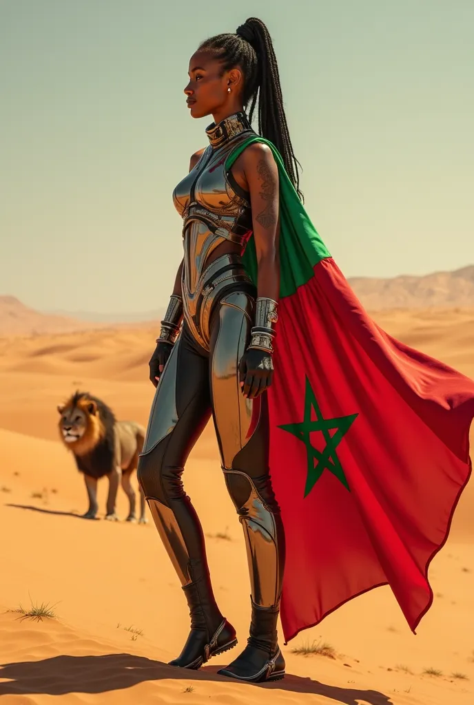 Femme vêtements guerrier dans le Sahara avec un lion et drapeau Maroc futuriste