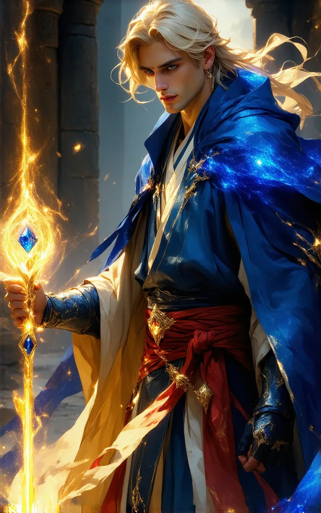 (Ultra-detailed8k concept art:1.3), (fantasy celestial demigod:1.3), young male star wanderer with piercing azure eyes and platinum-blond hair, wearing cobalt blue armored robes with intricate gold filigree patterns, crimson wide obi belt with constellatio...