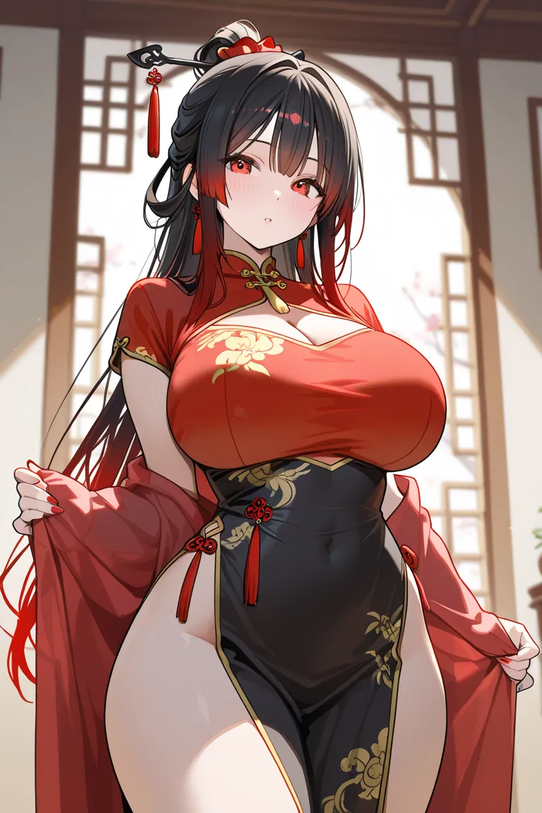 long black and red gradient hair，girl，Big Bust and Big Hips ， Chinese costume ，Exposure Wear Exposure Wear Exposure Wear Exposure！！！