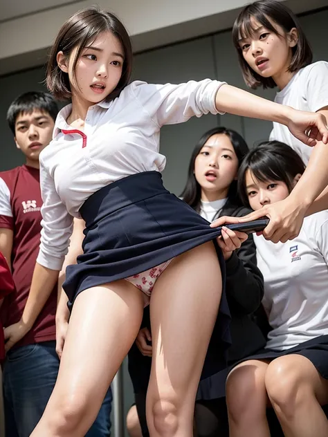 female students forced to participate in a furious group shame game by male students, Horny male students plucking off the school uniforms of female students, Pretty girls screaming with flashy floral patterns in their underwear shamed and blushed while op...