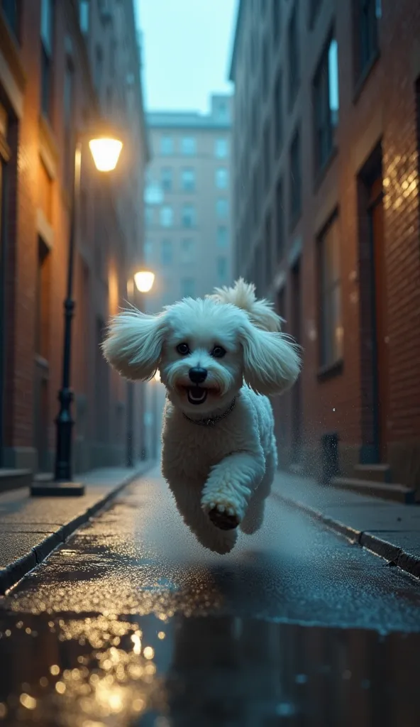 White Poodle fleeing running backwards to the camera nn an alley a city Rainy at night,  ultra real and professional images