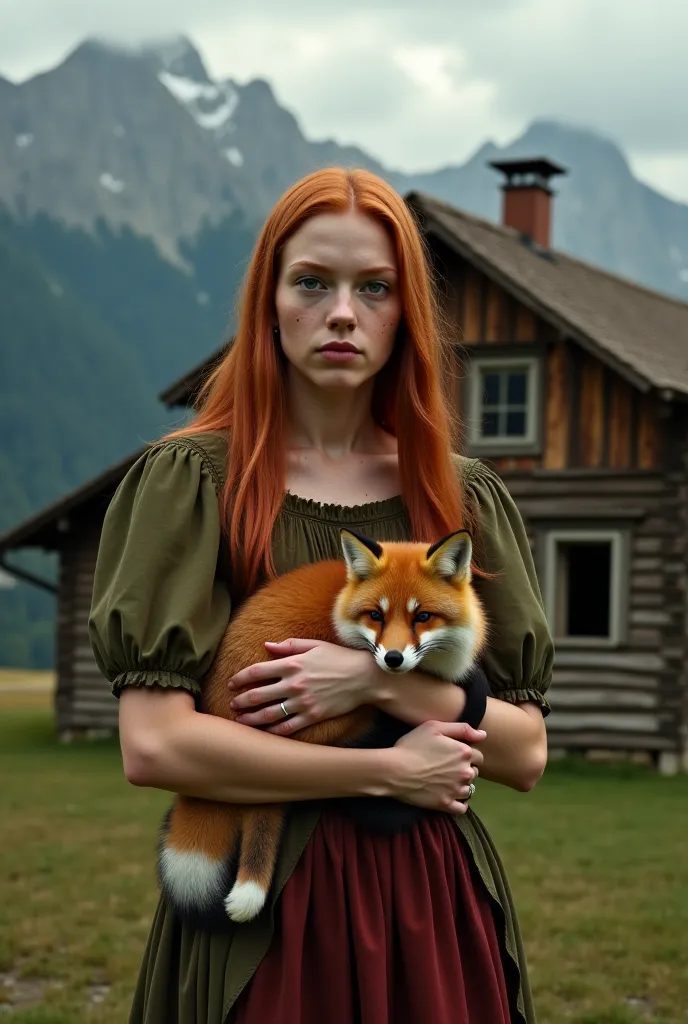 "A young woman with long, straight red hair, fair skin, and subtle freckles stands in front of an old wooden cottage with small windows and a rustic chimney. She wears a cottagecore-style dress in olive green and deep red, with puffed sleeves. Behind her, ...