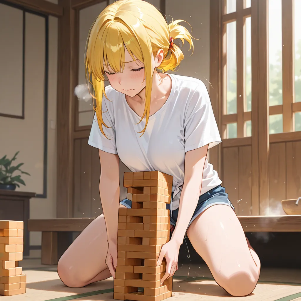 girl, Yellow hair,  tied hair,white t-shirt, short pants sex,  long hair ,Jenga