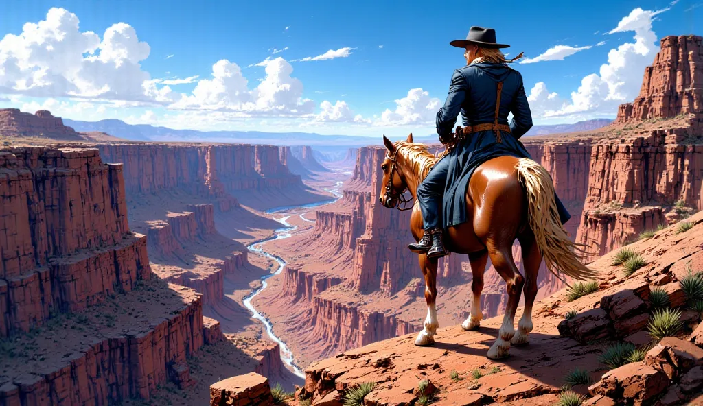 high up in a canyon in the American desert, an anthropomorphic golden retriever, tall, athletic, dressed as a bounty hunter, dark blue leather, long coat, on a dark brown horse, motionless, observing the valley, blue sky, sunny sky