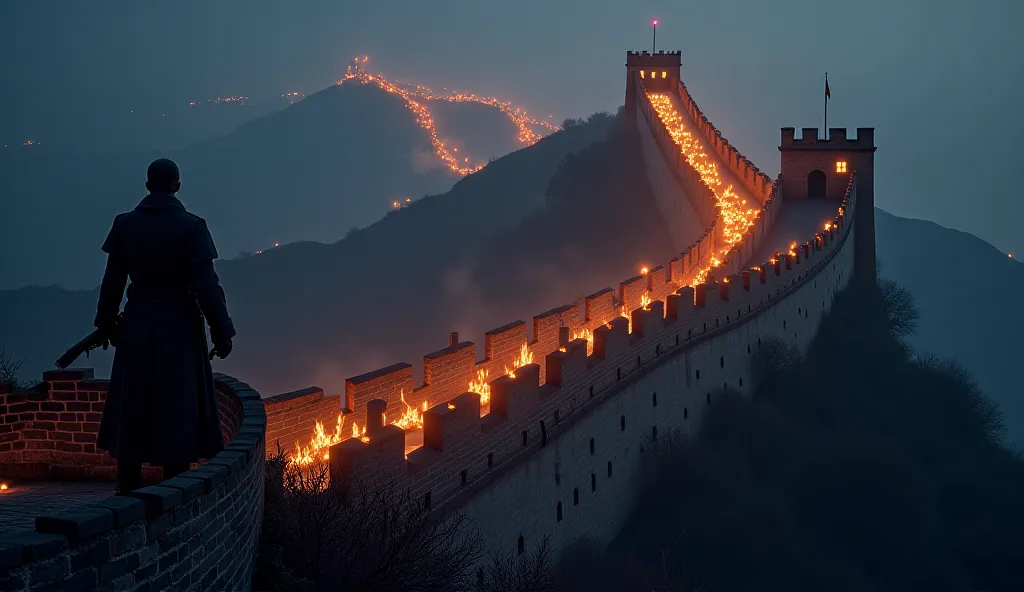 "A night-time view of the Great Wall illuminated by thousands of signal fires, warning of an impending invasion."
