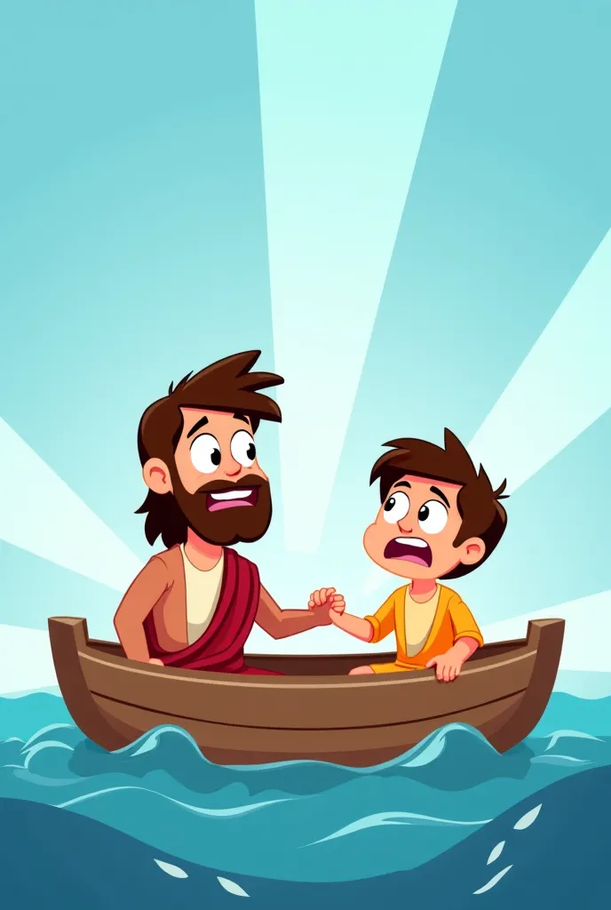 Cartoon fofo:
"A 2D cartoon scene in a simple and cheerful style shows Jesus and a  in a small wooden boat facing a storm. Rays appear in the background, and the waves are high, but Jesus maintains a calm look while comforting the frightened . The art has ...