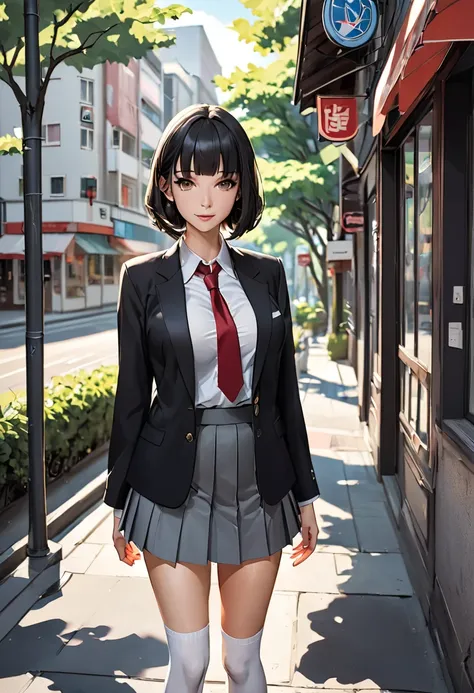 portrait.  girl, s, Bob with black hair with bangs, brown eyes, big boobs, long legs. Das  girl sieht den Zuschauer an und lächelt. It is wearing a white blouse ,  a short grey pleated skirt, white knee socks, braune Mary Janes, Red tie, black jacket. It g...