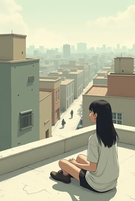 a girl is sitting on the roof and watching a guy walk down the street. View of the city from above. Half-side view of the girl.  style: simple, simple architecture, multi-storey buildings, 2D