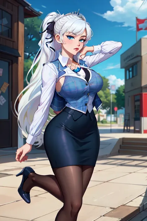 (masterpiece, best quality, absurdres, 4k, aesthetic, detailed, intricate),1girl,nikkecrwn,tiara, hair ribbon, 
Cosplay as Weiss Schnne from Rwby, Officelady、navy blue plaid vest、Dark blue ribbon、White cutter shirt、Tight black pencil skirt、Black tights、Dar...