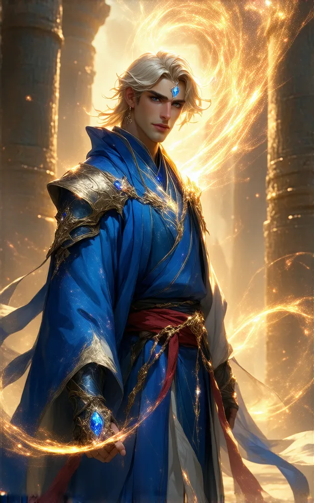 (Ultra-detailed8k concept art:1.3), (fantasy celestial demigod:1.3), young male star wanderer with piercing azure eyes and platinum-blond hair, wearing cobalt blue armored robes with intricate gold filigree patterns, crimson wide obi belt with constellatio...