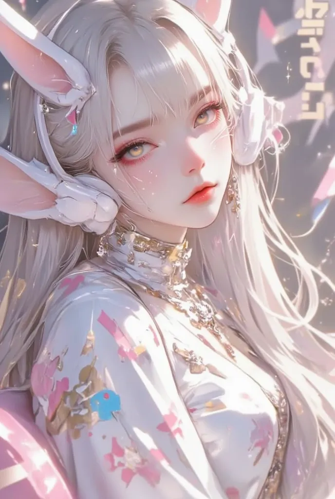 Woman beauty, manhwa style, a lot of details, good detailing, beautiful makeup,, eyelashes, expression, full view, hairstyle, long colored hair, textured. Aesthetic. Colorful. sitting on chair　Headphones rabbit print clothes