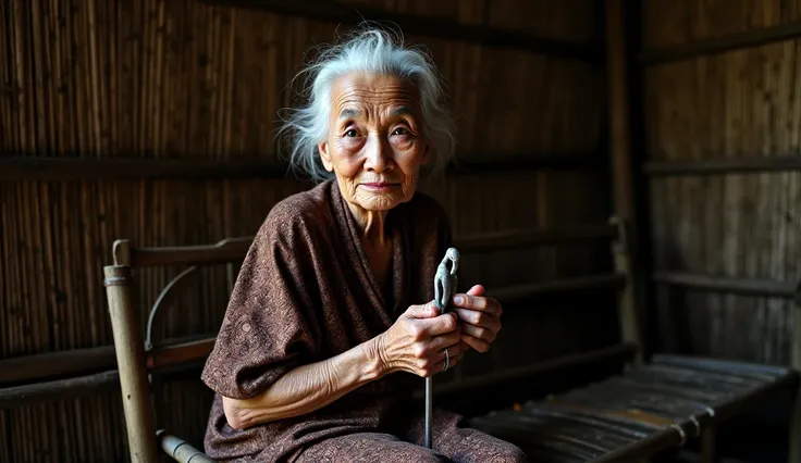 60-year-old old indonesian woman with deep eyes, white hair, wearing shabby kebaya and brown batik jarik, was sitting on a bamboo bench holding a small heirloom keris in his hand, surrounded by mystical atmosphere with dark light, Bamboo woven house wall b...