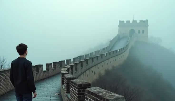 A modern-day tourist standing on the Great Wall, gazing into the distance, with a historical ghostly army marching through the mist."