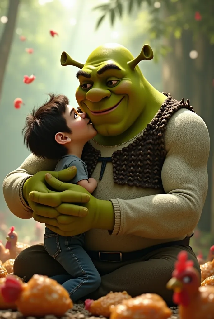 Make a boy down with chicken wings making out with Shrek