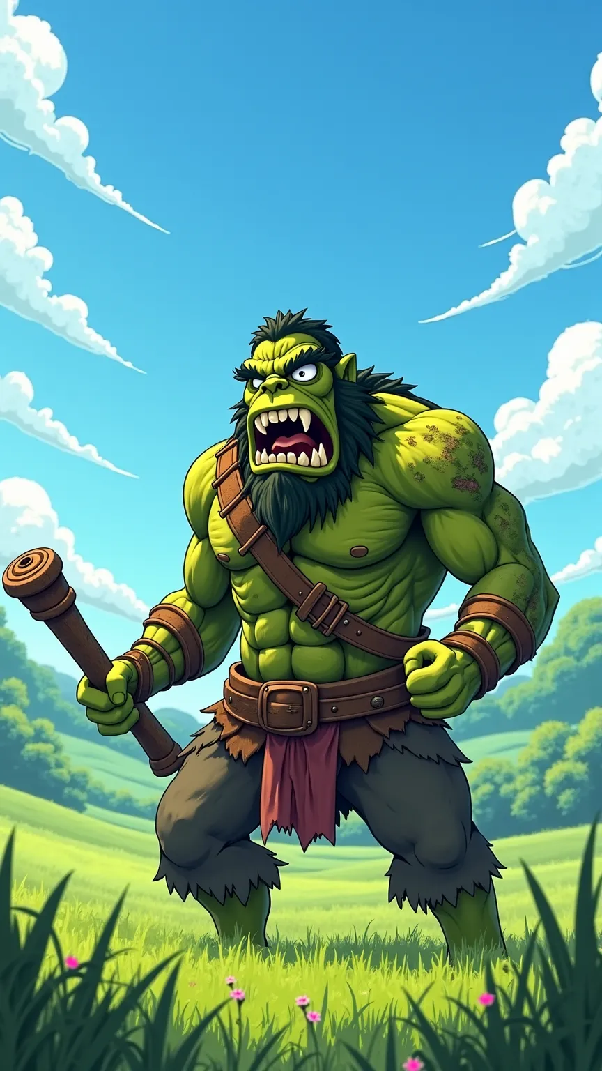 Anime style, the green orc is an adult, holds a wooden baton, half-sideways and looks away in a very surprised and frightened way. A clear day against the background of a green meadow. 