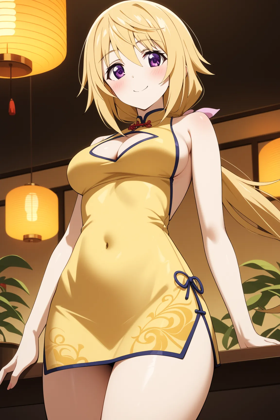 masterpiece,best quality,{{detailed beautiful face and eyes}}, very detailed background,
Charlotte Dunois,{{{megami magazine}}},long hair,blonde hair,low ponytail,hair ribbon,pink ribbon,purple eyes,medium breasts,
((bare shoulders,light yellow china dress...