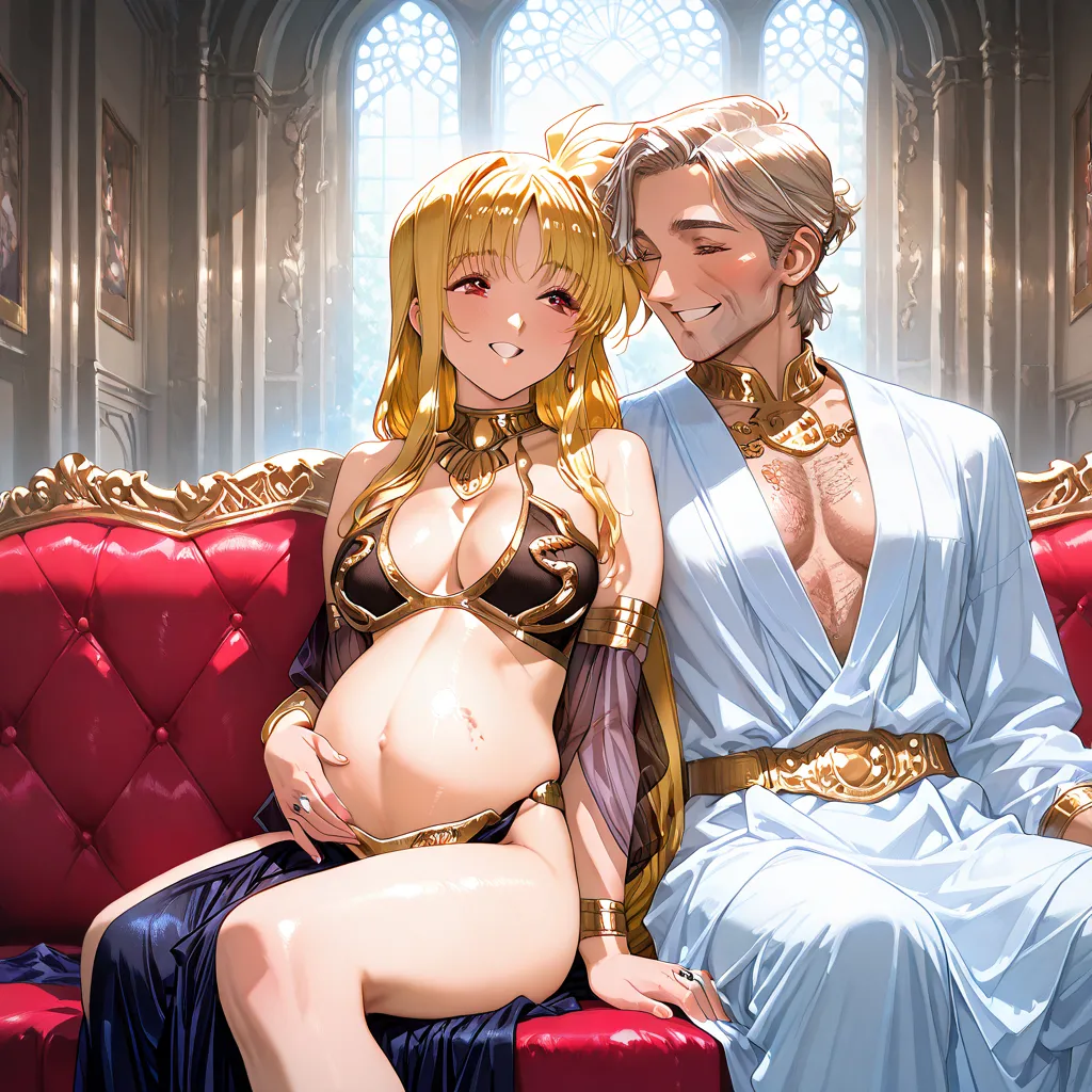 ((top quality)), ((masterpiece)), (details), （perfect faces）、Fate Testarossa, an adult blonde with excellent proportions who are pregnant, are a married couple wearing gorgeous and sexy Indian see-through costumes, smiling gently, sitting on a luxurious so...