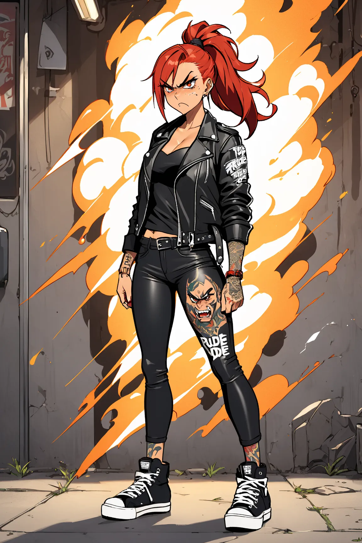 full body, anime style, rude woman, young woman, tanned skin, tattooes, redhead, ponytail, angry face, leather jacket, short