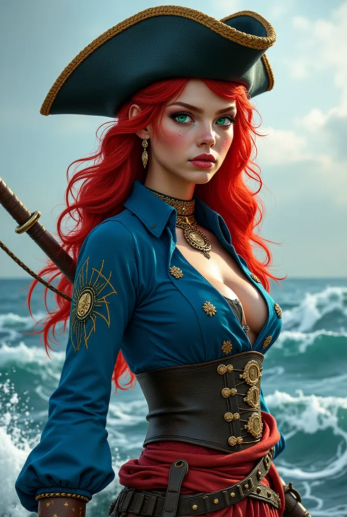 Yemaya Ibuokoto, 19 year old haired redhead, dressed in blue and red with scimitar sword and pirate hat