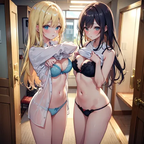 ((top quality))、((masterpiece))、(details)、(Ultra High Resolution)、
(( two girls standing side by side、 shirt、 undress、 Clothes Lifting ))、
(1 Blonde、big breasts)、(1 dark haired 、medium breasts)、
(bra、panties)、
full body、 standing、(cowboy shots 1 and 3)、
bl...