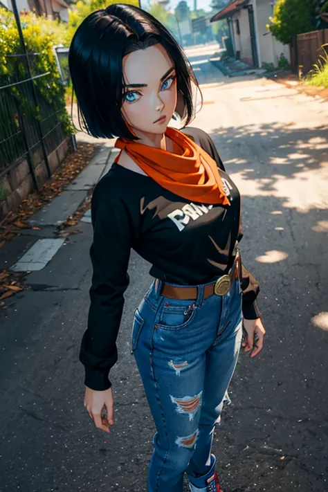 (masterpiece), best quality, expressive eyes, perfect face, highres, 1 girl, solo, android 17 girl, (female body:1.3), blue eyes, black hair,parted hair,short hair, black shirt, jeans, layered shirt, white sleeves,orange bandana, blue sneakers, green socks...