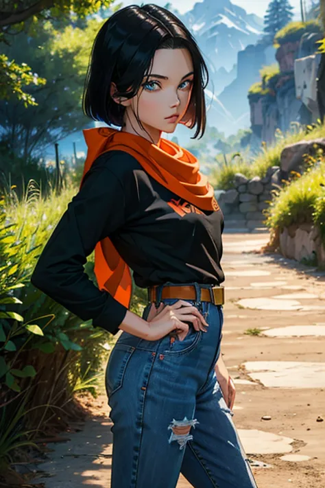 (masterpiece), best quality, expressive eyes, perfect face, highres, 1 girl, solo, android 17 girl, (female body:1.3), blue eyes, black hair,parted hair,short hair, black shirt, jeans, layered shirt, white sleeves,orange bandana, blue sneakers, green socks...