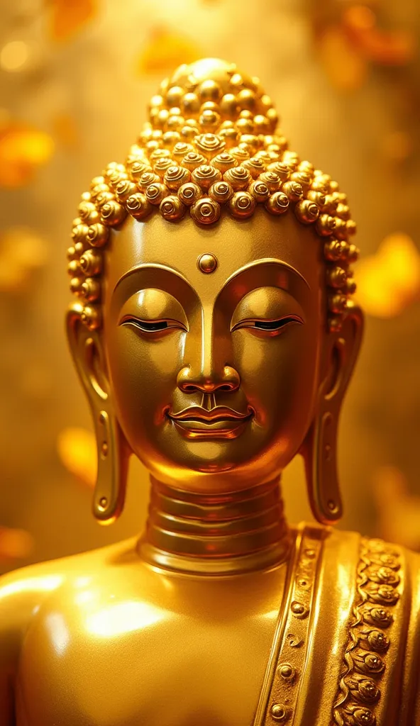 The Buddha “Golden Gold” stands in full bloom with Manjusaka in full bloom、The face is up “My face is large and is shown close to the camera”、looking at the camera、Subjective、The Buddha is close to the camera。Full of golden light。Golden Flower々 is blooming...