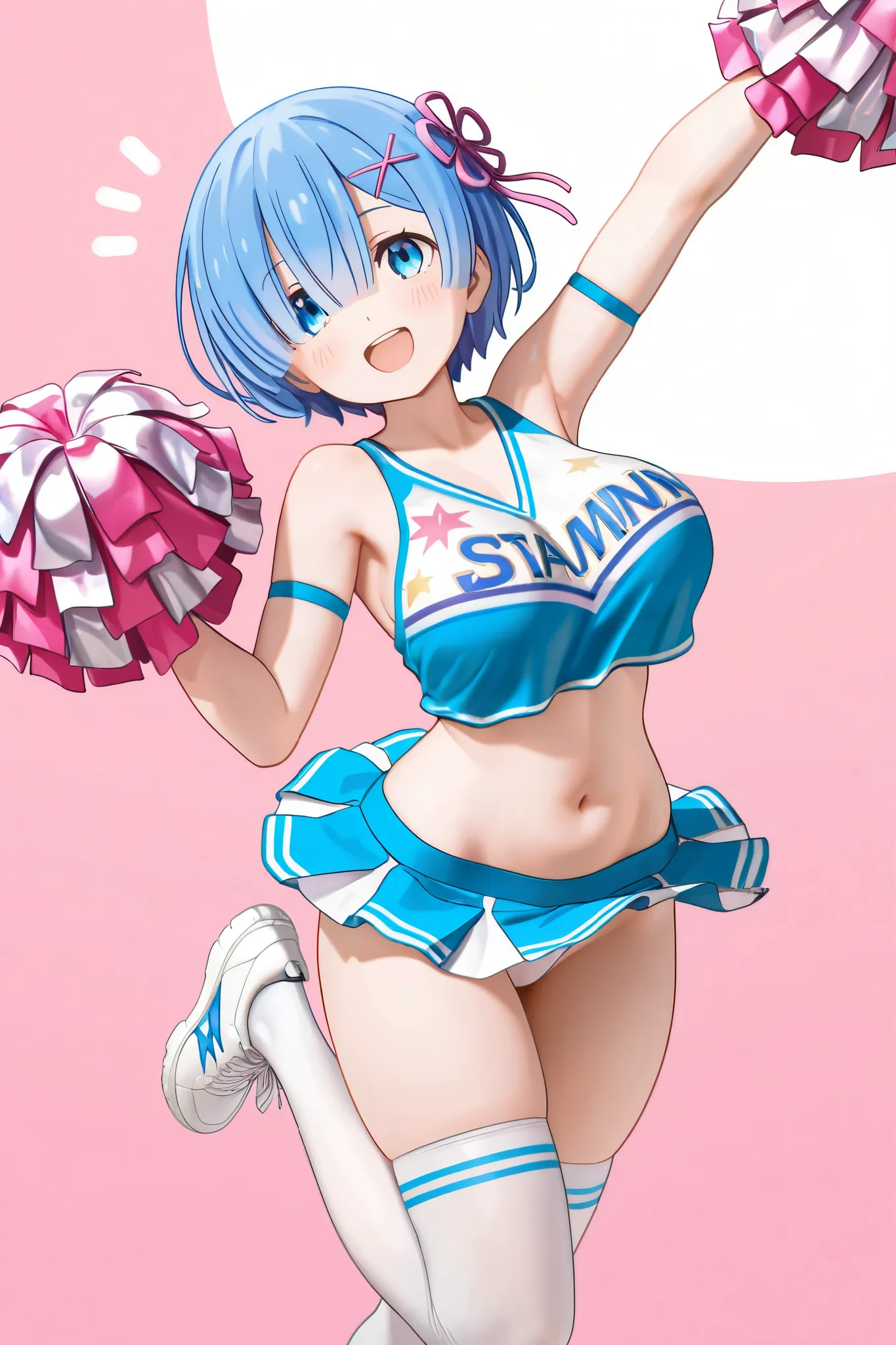 NSFW,masterpiece,top quality,High Resolution,in white for summer very detailed,Rem\(Re:Starting Life in Another World from Zero),short hair,blue hair,cheerleader,cheerleader with radiant skin, crop top shirt , sleeveless,Belly button,miniskirt,knee-high so...