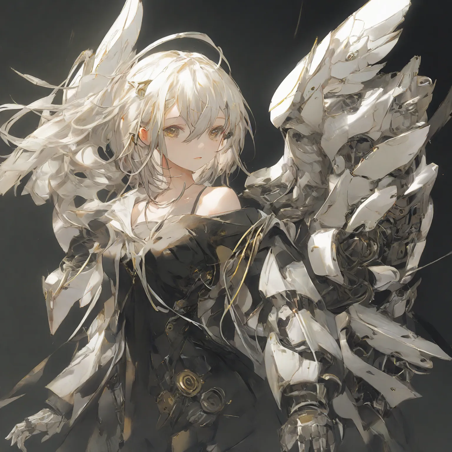 (Whole body diagram),1girl, solo, wings,mechanical wings, short white hair, hairclip, hair ornament,cable off shoulder, android, (mechanical parts:1.5)