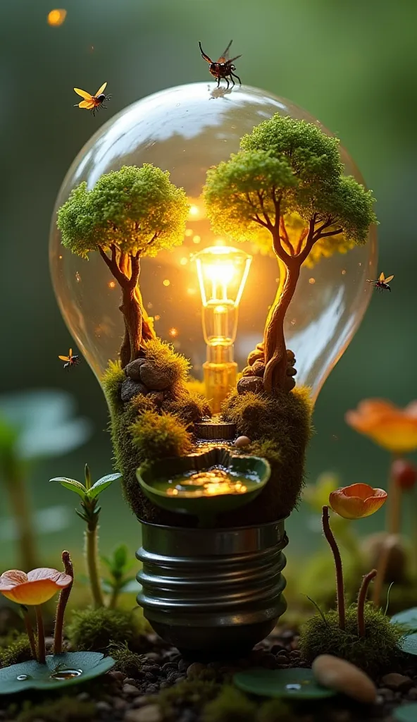 Fairy Garden Growing Inside a Light Bulb
"A breathtaking tiny garden flourishing inside a glowing light bulb. Tiny fireflies hover above miniature trees and waterfalls, while small creatures rest on floating lily pads. The filament glows like a warm sun ov...