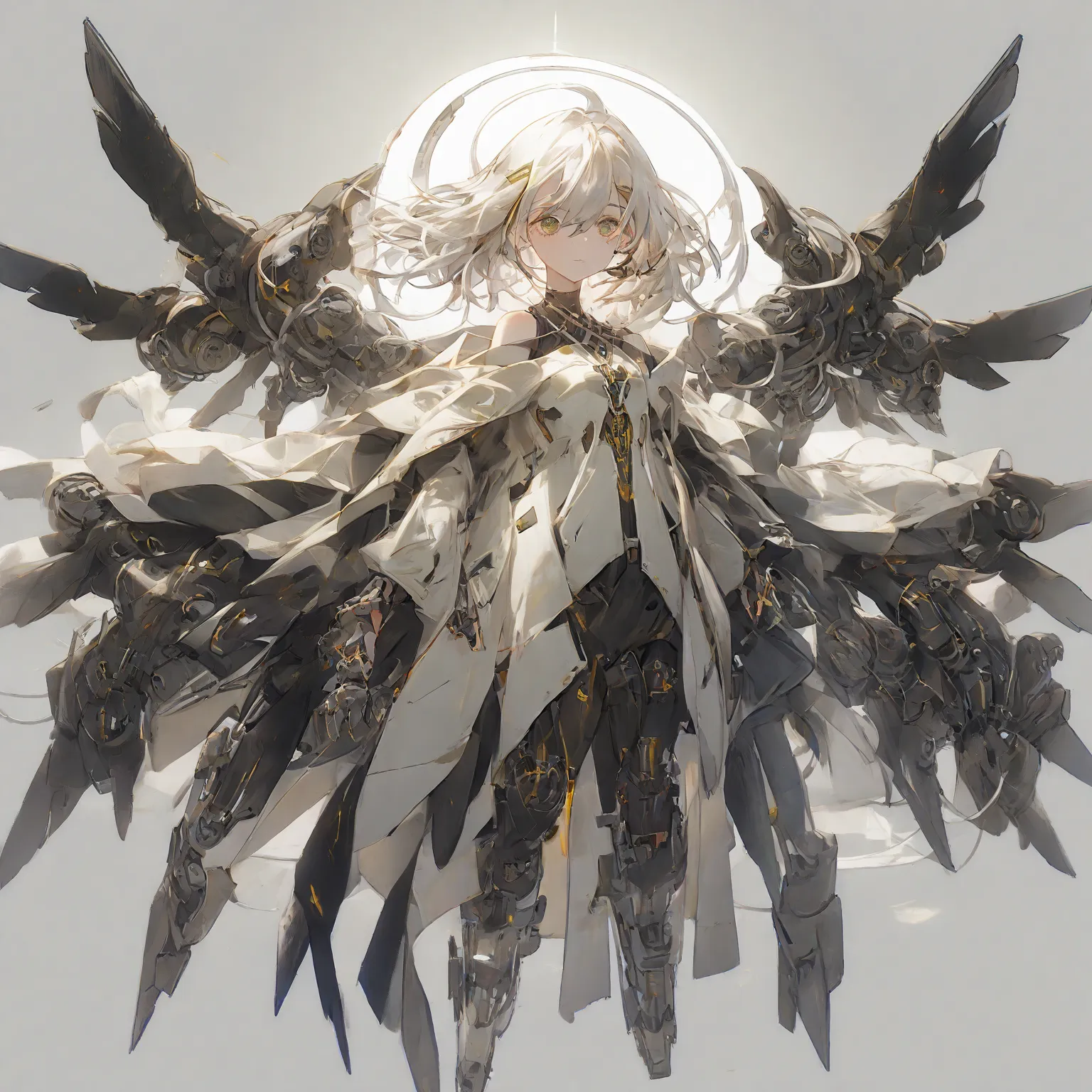 (Whole body diagram),1girl, solo, wings,mechanical wings, short white hair, hairclip, hair ornament,cable off shoulder, android, (mechanical parts:1.5)