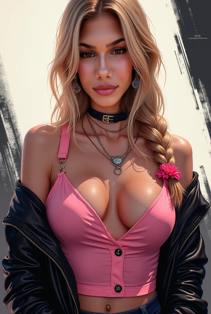 XUER poster art、A 19-year-old woman、solo、Long straight hair、medium and firm chest, cleavage、Observing the viewer、Simple background、transparent pink shirt with open buttons、Brown hair with highlighted blonde highlights, White background with soft black colo...