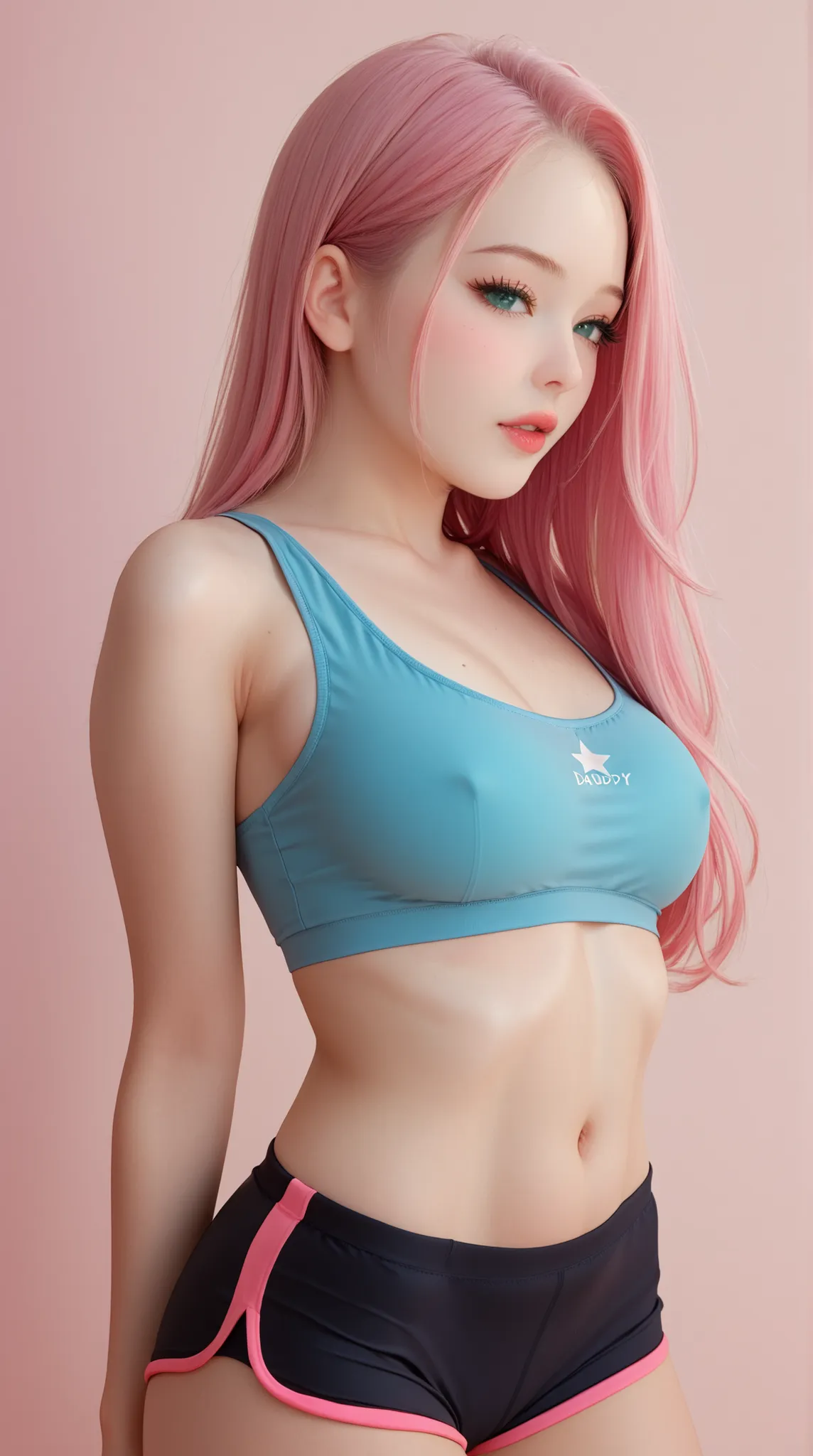 pink hair, teal eyes, pale skin, young korean girl, horny sexy, parted lips, all hot porn star body, voluptuous, big breasts, big butt, long hair, sports bra, yoga shorts, perverted, porn star, busty porn star, (Big breast) blushing, all naughty, flirting ...