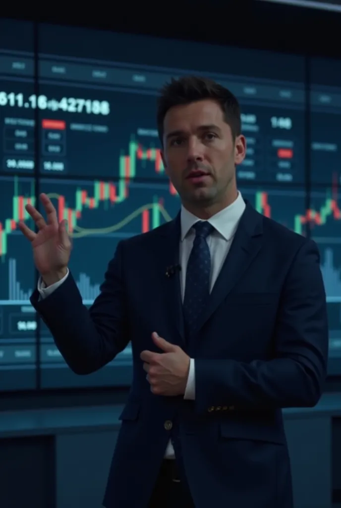 A well-dressed man in a business suit standing in front of a large screen displaying stock market charts, graphs, and financial data. He is confidently explaining stock market investment strategies with a hand gesture pointing towards the screen. The backg...