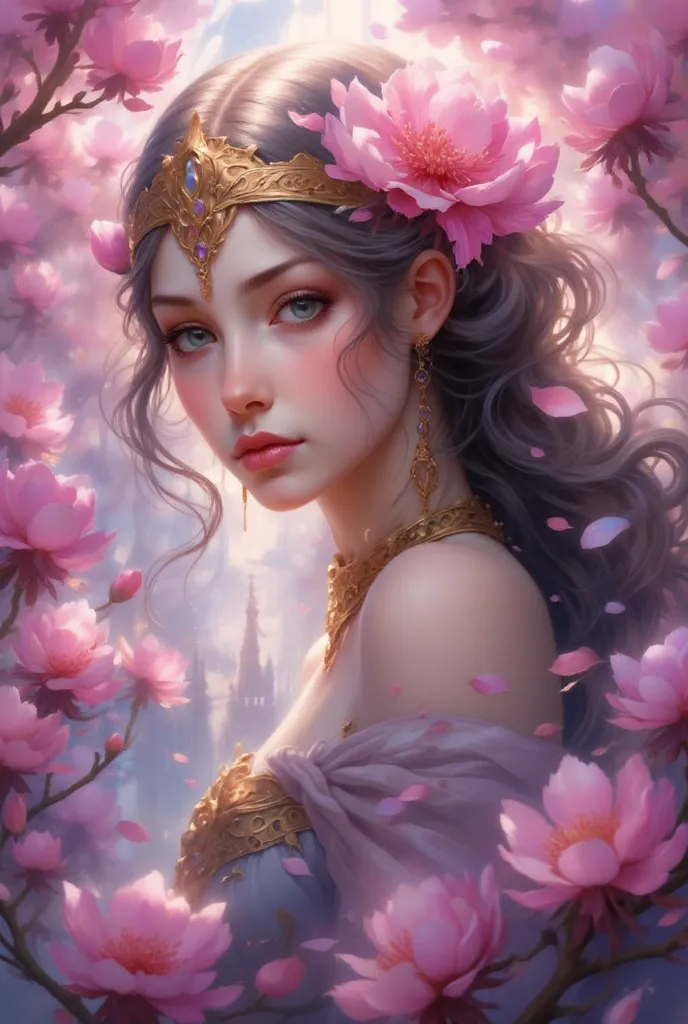 Beautiful female elf (ethnicity:1.2), (age:1.1),  (detailed clothing:1.2), (accessories:1.1) wearing a golden crown adorned with flowers, (facial features:1.3),  (expression:1.2) with peaceful, serene face, profile view, (body type:1.1), (pose:1.2)  with f...