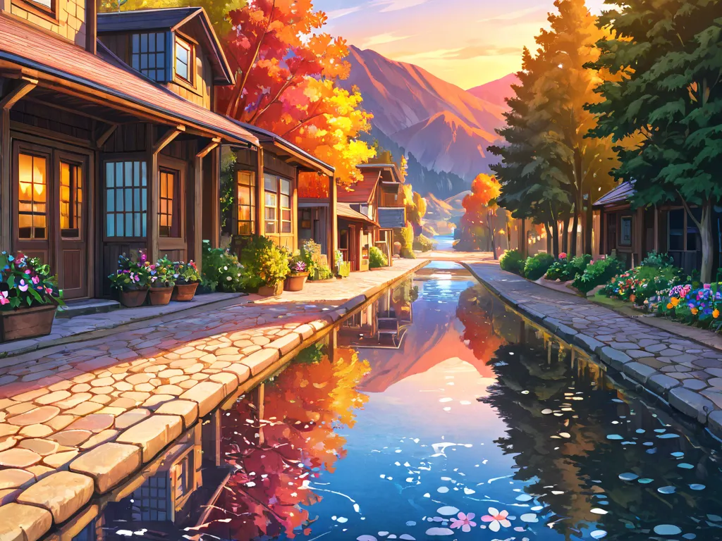 A small town by the river, mountains in the background, colorful floral flowers,  detailed landscape, beautiful natural landscapes, atmospheric lighting, scorching sunset, warm colors, practical, Photographic, detailed foliage, complex buildings, cobblesto...