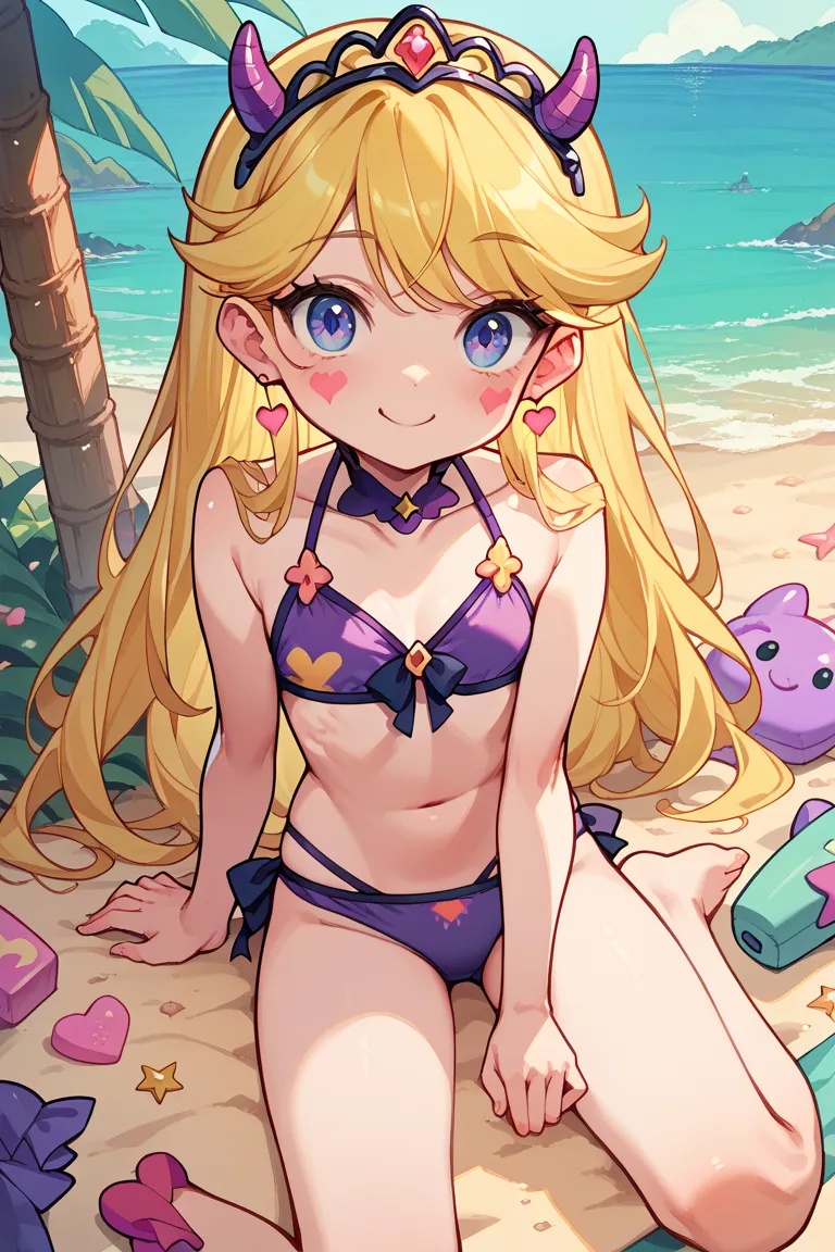  starry butterfly,  yellow hair ,  tiara with small horns ,  purple bikini, smiling, small breasts  , Blush, standing , open legs,  purple panties, toys scattered on the floor, the appearance of a , hearts on both sides on the cheeks, sitting, beach, sand
