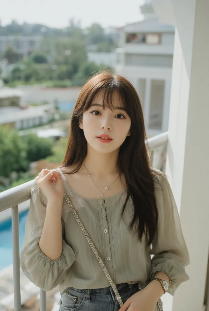 Korean babe long straight hair Highlight ash ash little body contains real glowing face ,, black eyeliner ,, red lipstick Sage color balloon shirt  ,watch ,,small bag ,,medium color cutbray jeans necklace posing in balcony view minimalist home view pool vi...