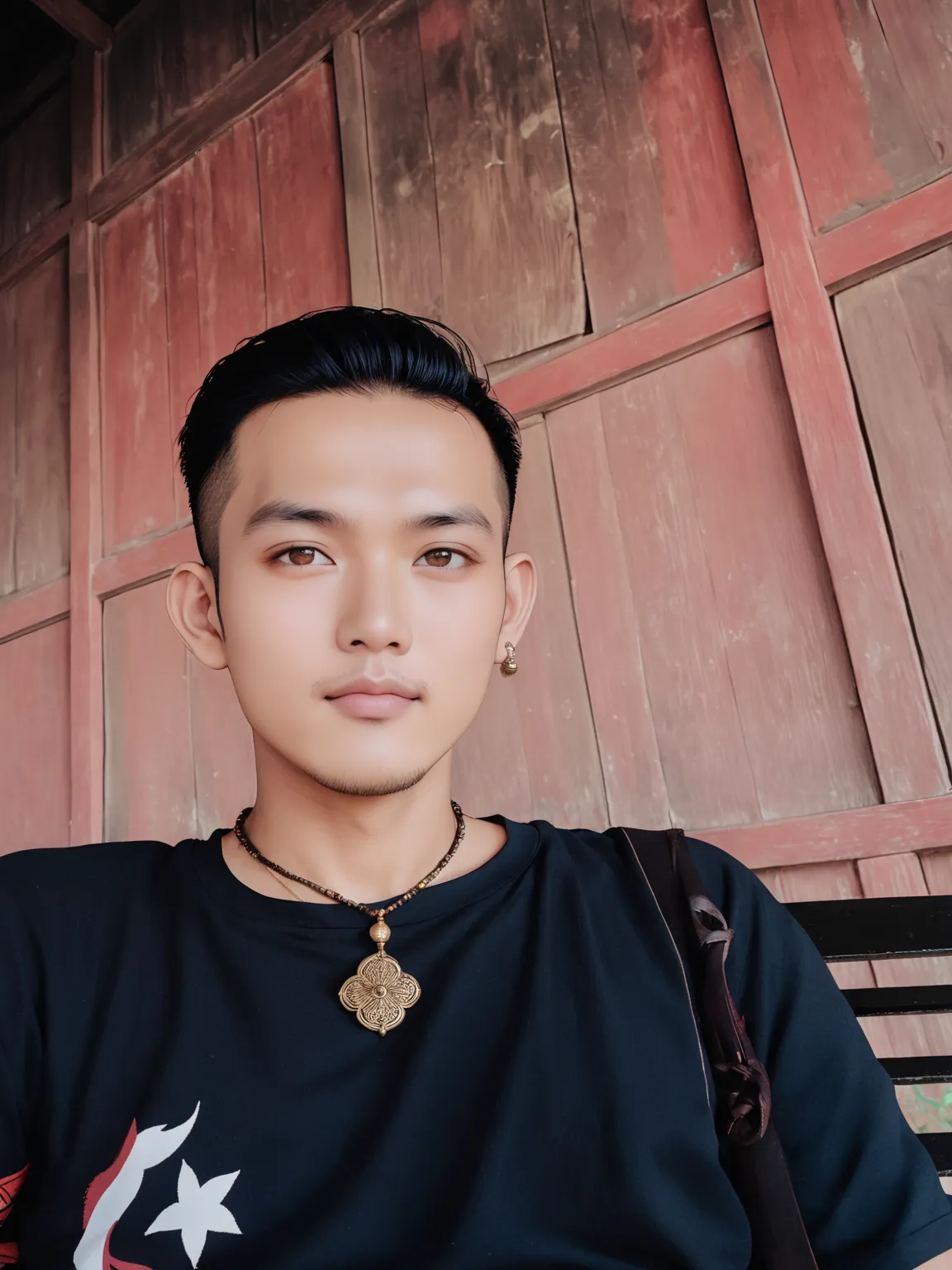 there is a man sitting on a bench with a necklace on, thawan duchanee, around 1 , nivanh chanthara, south east asian with round face, asian male, profile picture 1024px, profile pic, 2 , photo taken in 2 0 2 0, 2 , 2 