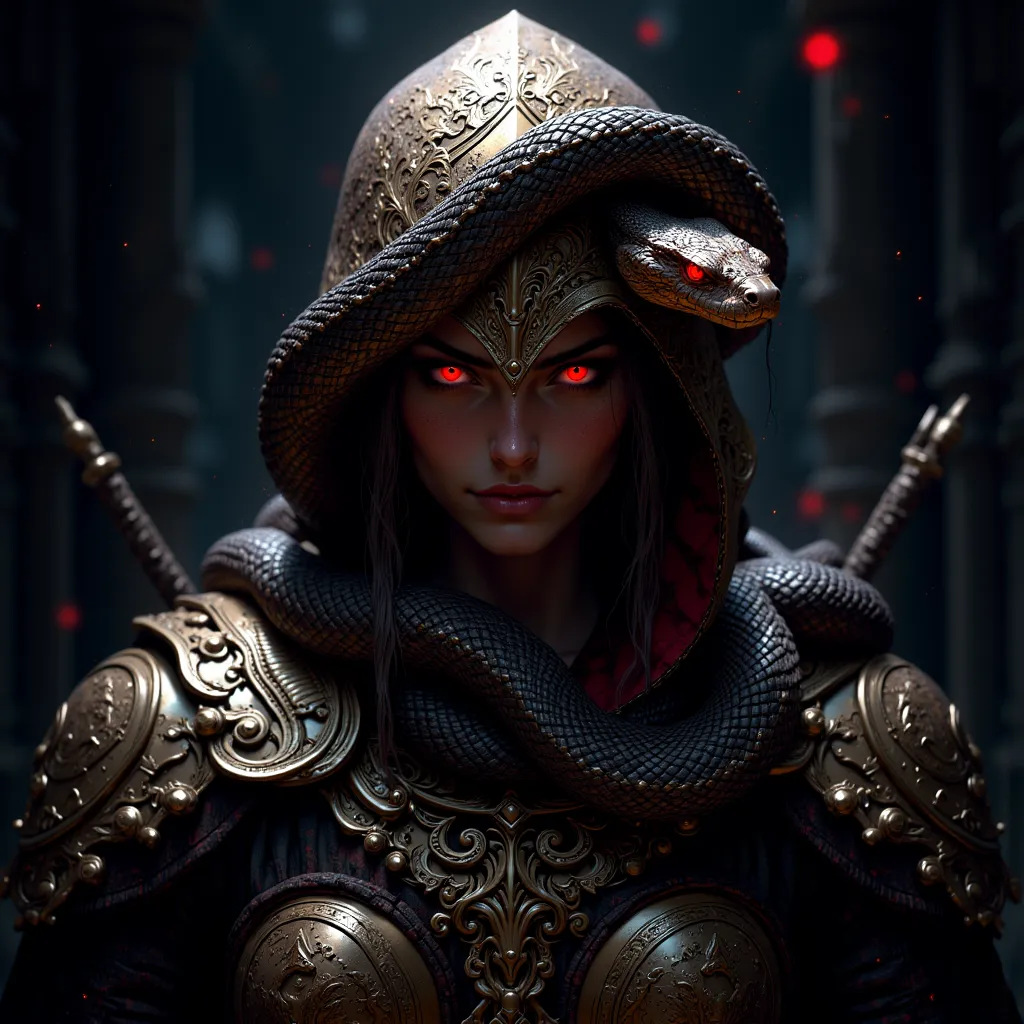 A mysterious, otherworldly snake slithers across the bronze helmet of Kassandra Nayomnitz from Assassin's Creed Odyssey. The snake's scales shimmer subtly in the dim light, and its eyes glow an intense, eerie red. The background is engulfed in darkness, cr...