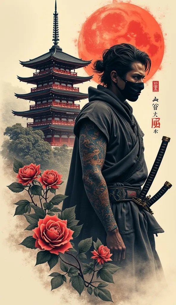 Please draw a tattoo of a large Japanese temple and、Wearing a mask、a samurai tattoo with a sword in the scabbard from left to right。 