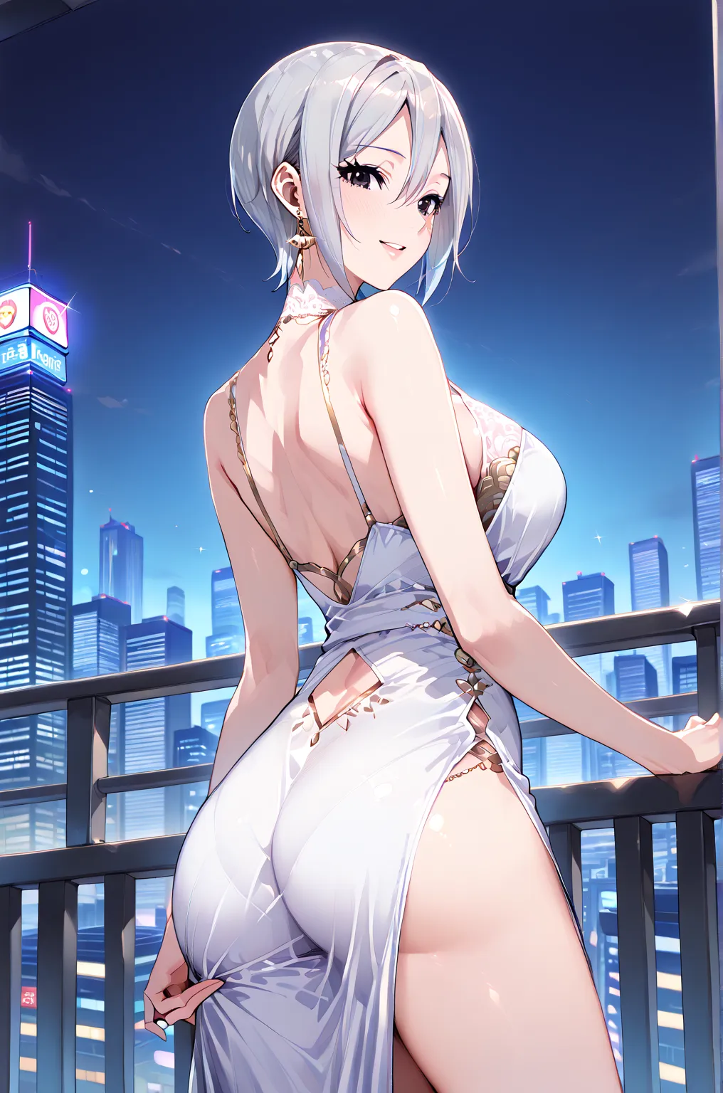 (syuko shiomi),(Masterpiece, Top Quality, Super Detail: 1.5), Super High Resolution, Very Beautiful, 8k, Anatomically Correct, Precise, One Woman, Solo, Sexy Adult Woman, MILF, Breasts, Gray Short Cut Hair, Bangs Between Eyes, Shiny Hair Texture, Black Eye...