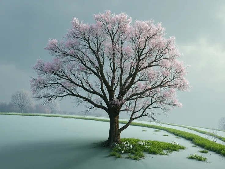 A tree in the center, green grass, budding buds, pink cherry blossoms, frozen branches, small leaves on bare branches, remnants of snow, the first grass breaking through, snowdrops, cloudy,