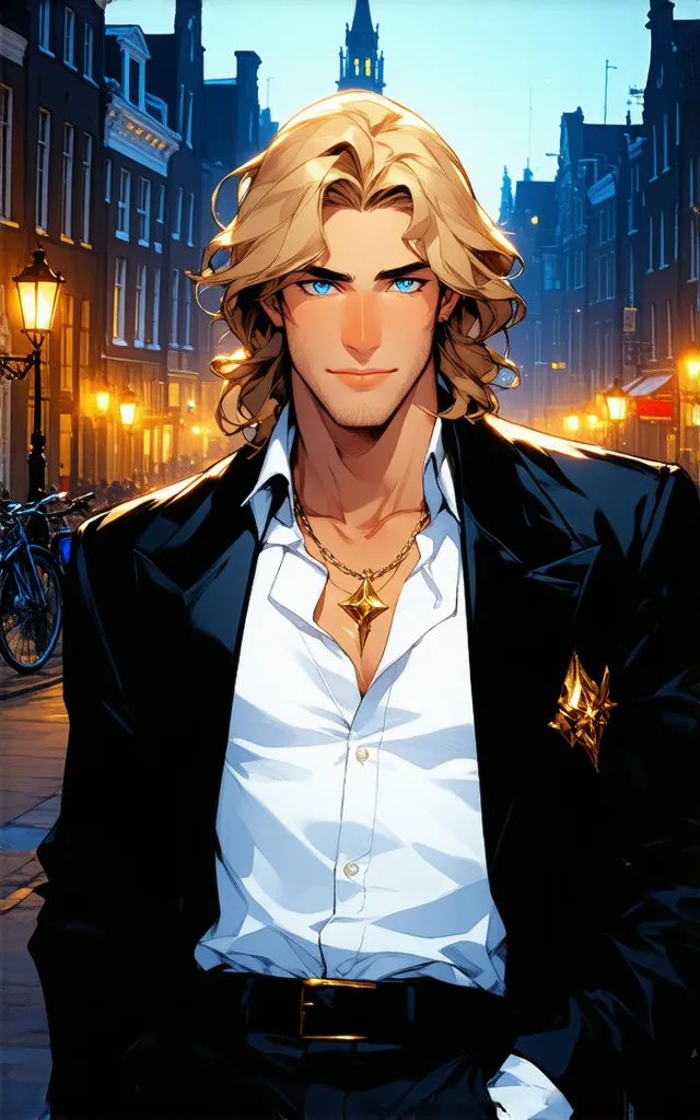 A young man with medium length blond wavy hair and bright blue eyes.  style: stylized semi-realism with elements of a graphic novel. A modern exorcist in a white shirt, in black classic pants and a black coat with white edging. On the shoulder is a gold br...