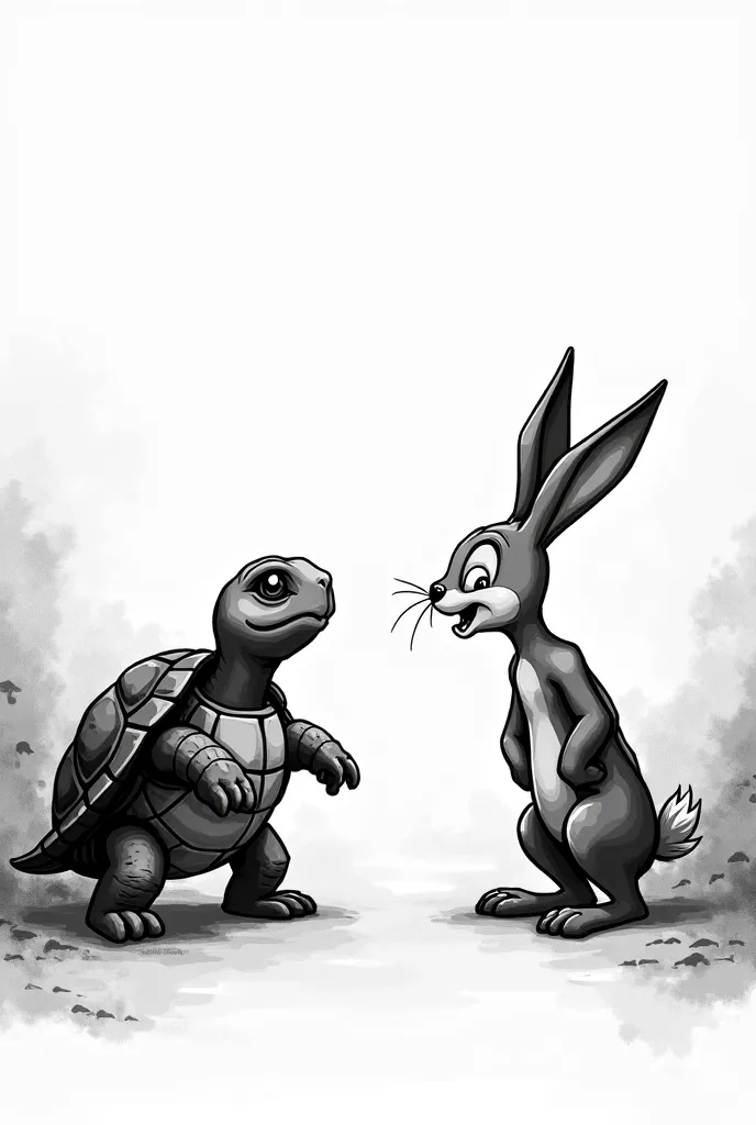 Make me an image of a turtle challenging the angry hare while the hare laughs at it,  in black and white 