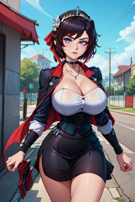 (masterpiece, best quality, absurdres, 4k, aesthetic, detailed, intricate),1girl,nikkecrwn,tiara, hair ribbon, 
Ruby Rose from Rwby, ribbed white corset with open top, tightly fitted blue bolero jacket, silver detailing on jacket, (cameo choker necklace), ...