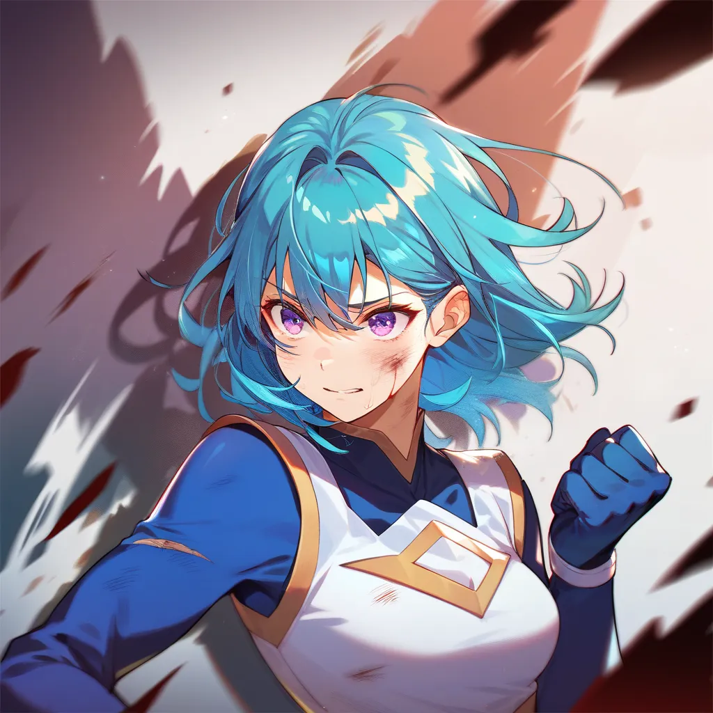 1girl, cute, pretty, cyan hair, medium hair, bangs, purple eyes, superhero outfit, blood in her body, injured, wound, fighting and tosca aura, manhwa