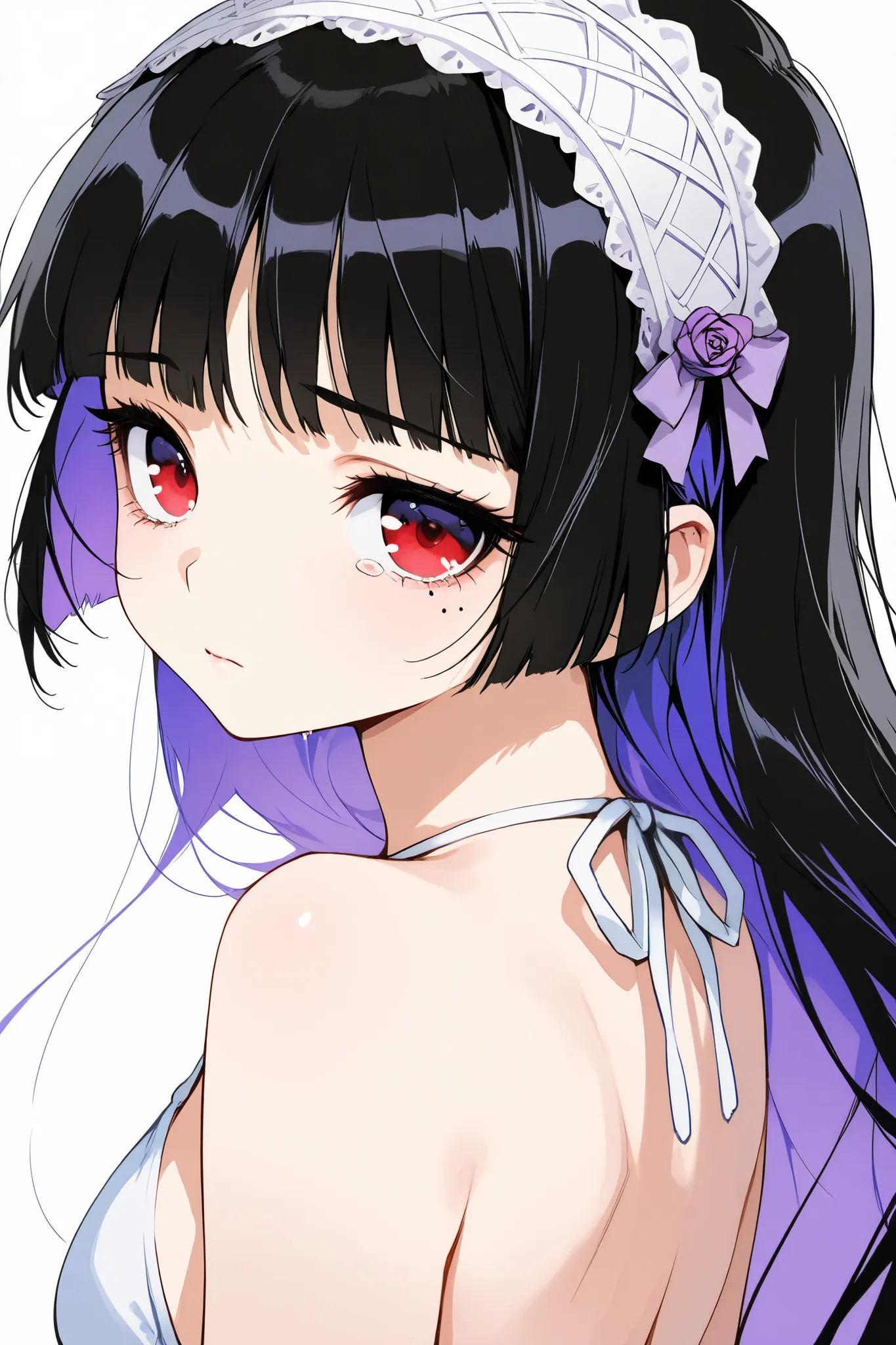 china,ruri_gokou,1 female,solo,
looking at viewer,

black hair,long hair,mole under the eyes,
princess cut,colored inner hair,

hair band,
purple roses on the left and right of the head,

white background,long,look side,
upper body,from behind,

red eyes,b...